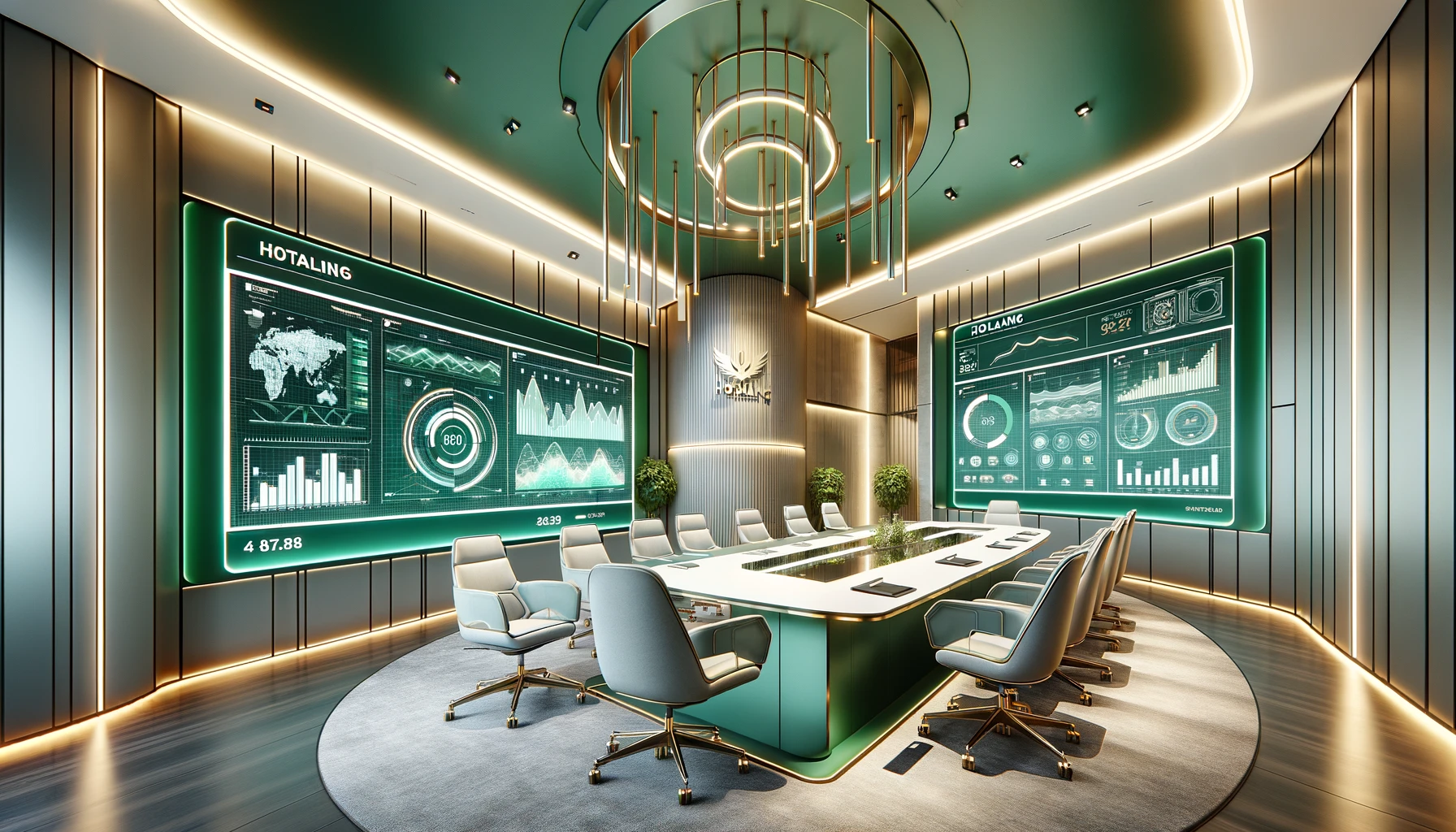 Optimizing Employee Benefits Communications Efficiency 2023-12-14 15.58.40 - A sleek, modern conference room designed for effective communication. The room features high-tech screens displaying graphs and charts, representing t